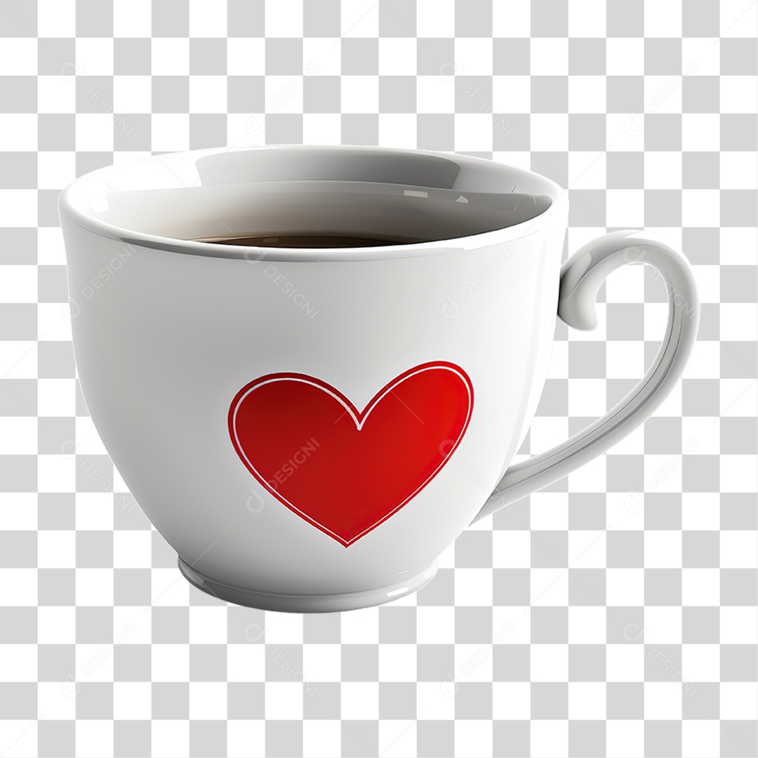 Xícara Branca Decorada com Coração Vermelho em Estilo Realista Formato PNG Transparente
