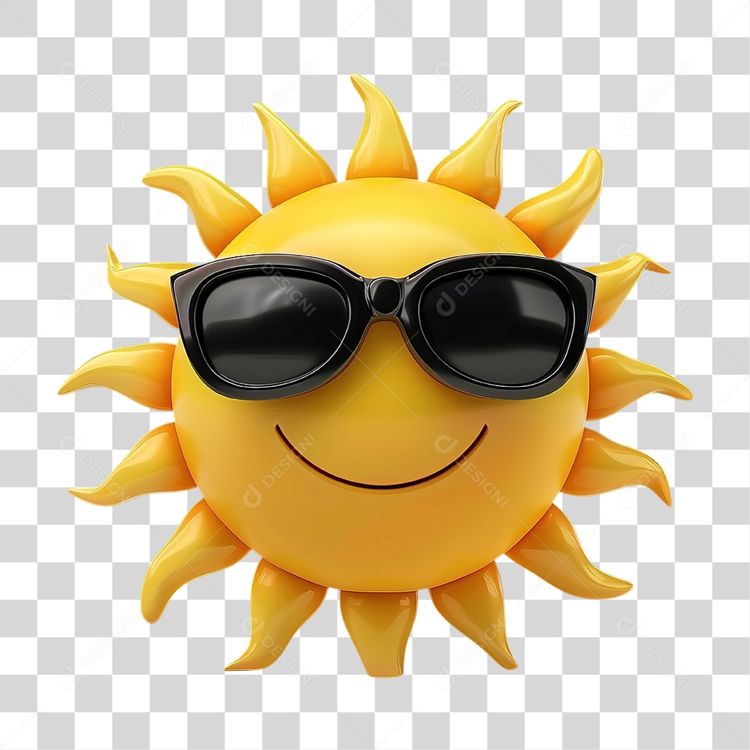 Sol Sorridente com Óculos Escuros em Estilo Realista Formato PNG Transparente
