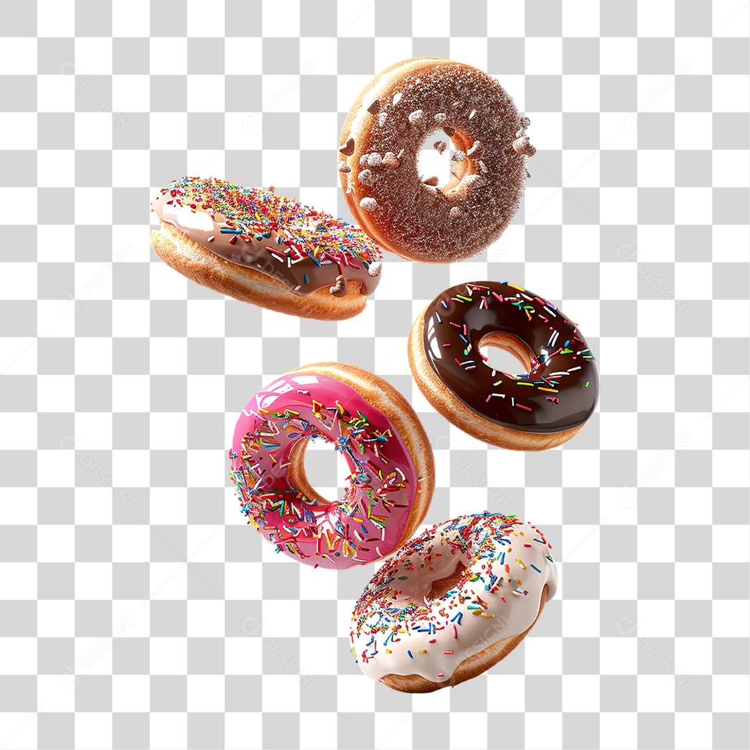 Conjunto de Donuts Coloridos em Estilo Realista Sobremesa Formato PNG Transparente