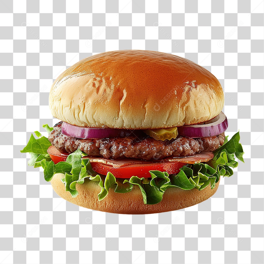 Hambúrguer Simples com Carne e Salada em Estilo Realista Fast Food Formato PNG Transparente