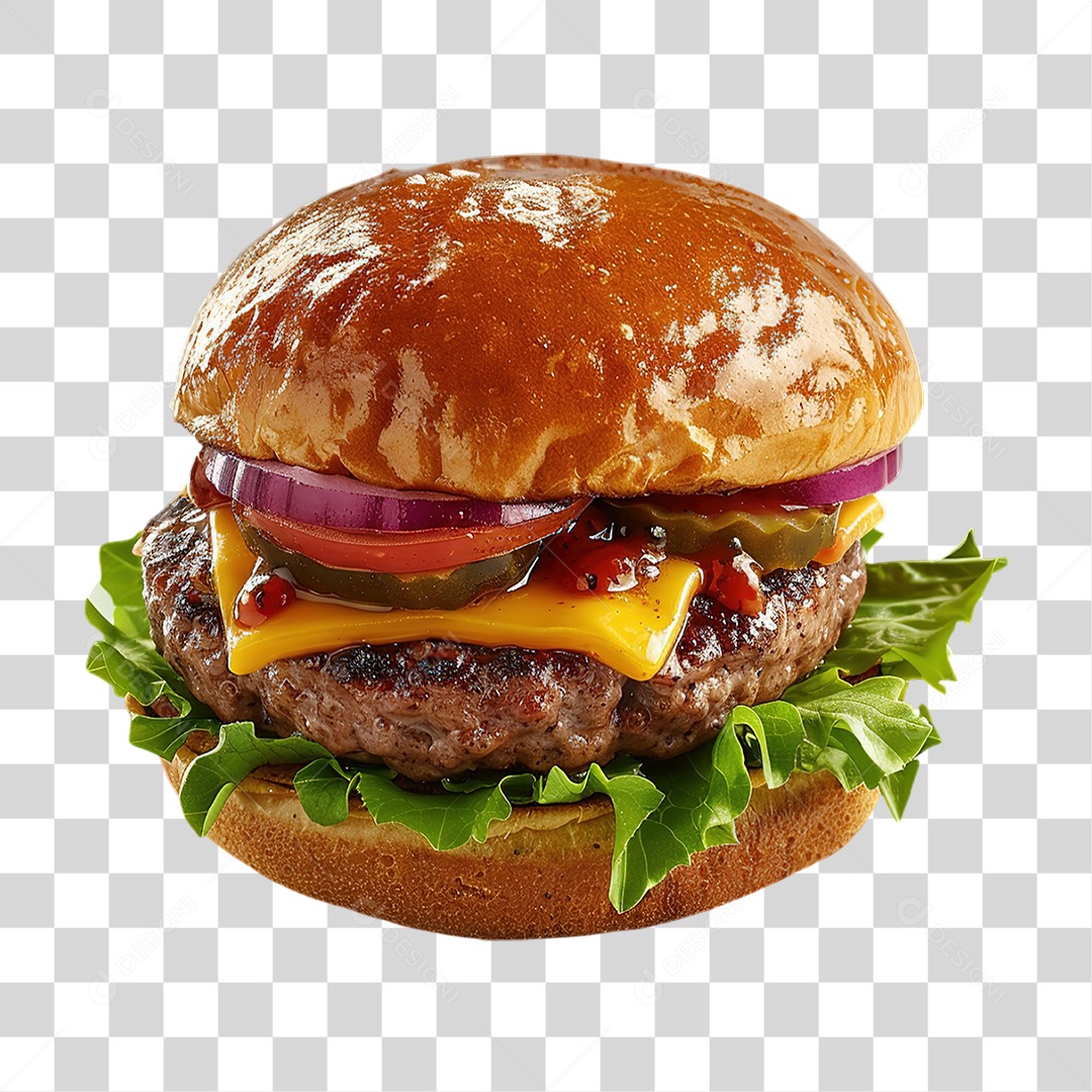 Hambúrguer com Queijo Carne e Salada em Estilo Realista Fast Food Formato PNG Transparente