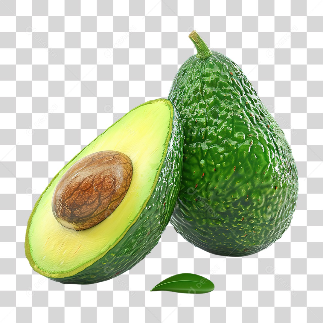 Abacate Inteiro e Metade em Estilo Realista Fruta Formato PNG Transparente
