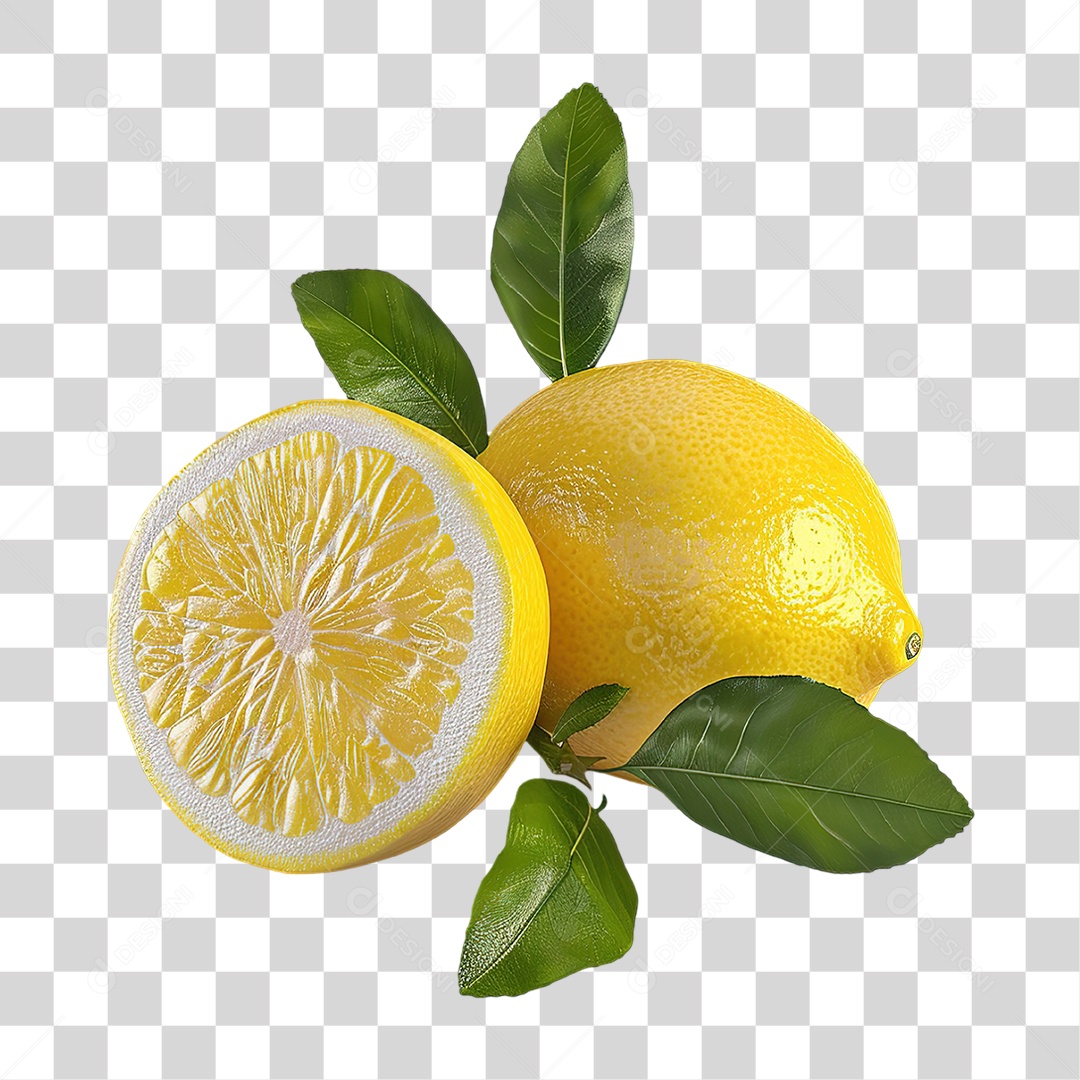 Limão Amarelo Inteiro e Metade em Estilo Realista Fruta Formato PNG Transparente