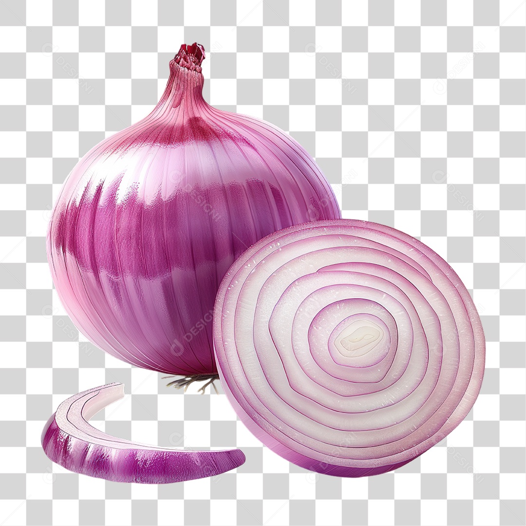Cebola Roxa Inteira e Fatiada em Estilo Realista Formato PNG Transparente