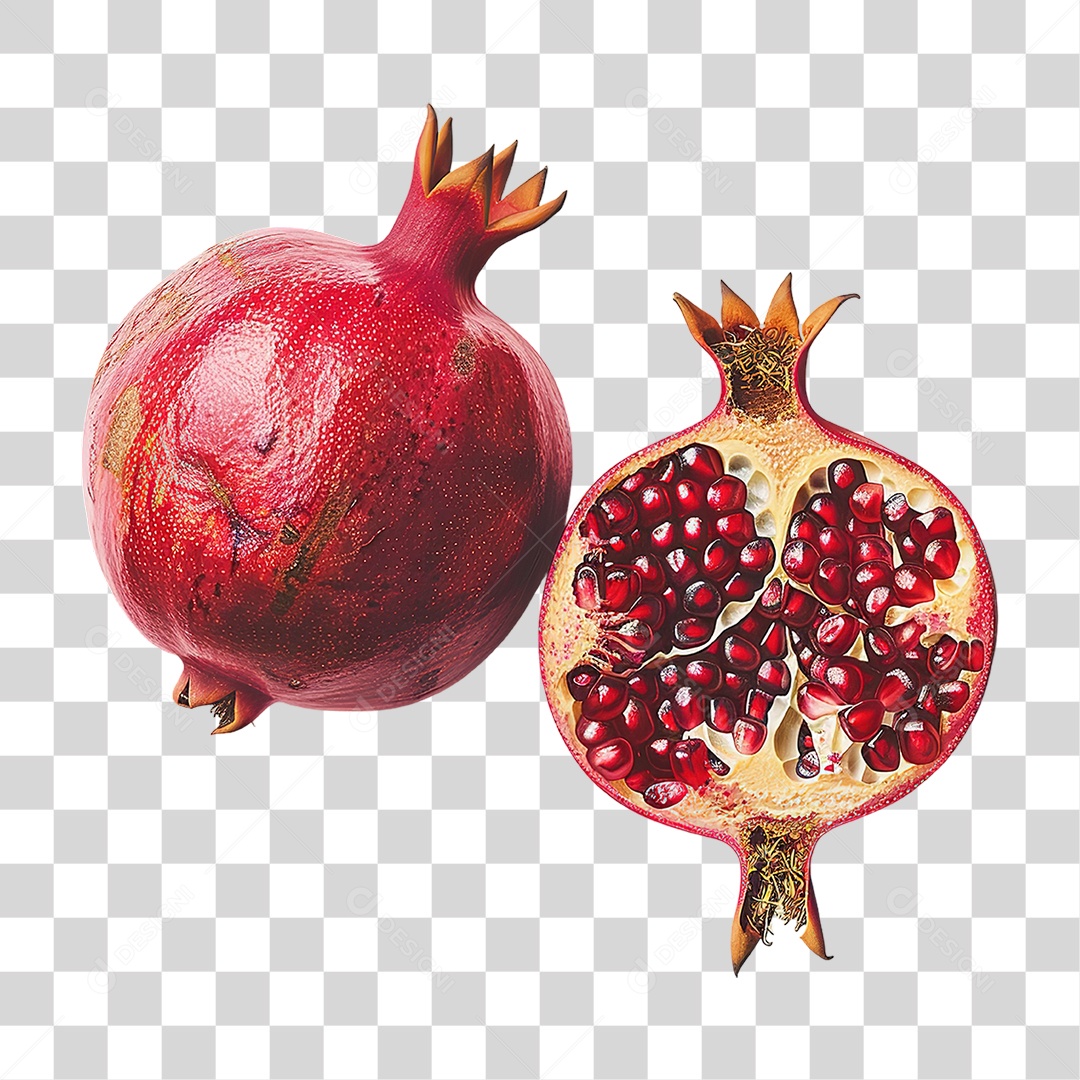 Romã Vermelha Inteira e Aberta em Estilo Realista Fruta Formato PNG Transparente