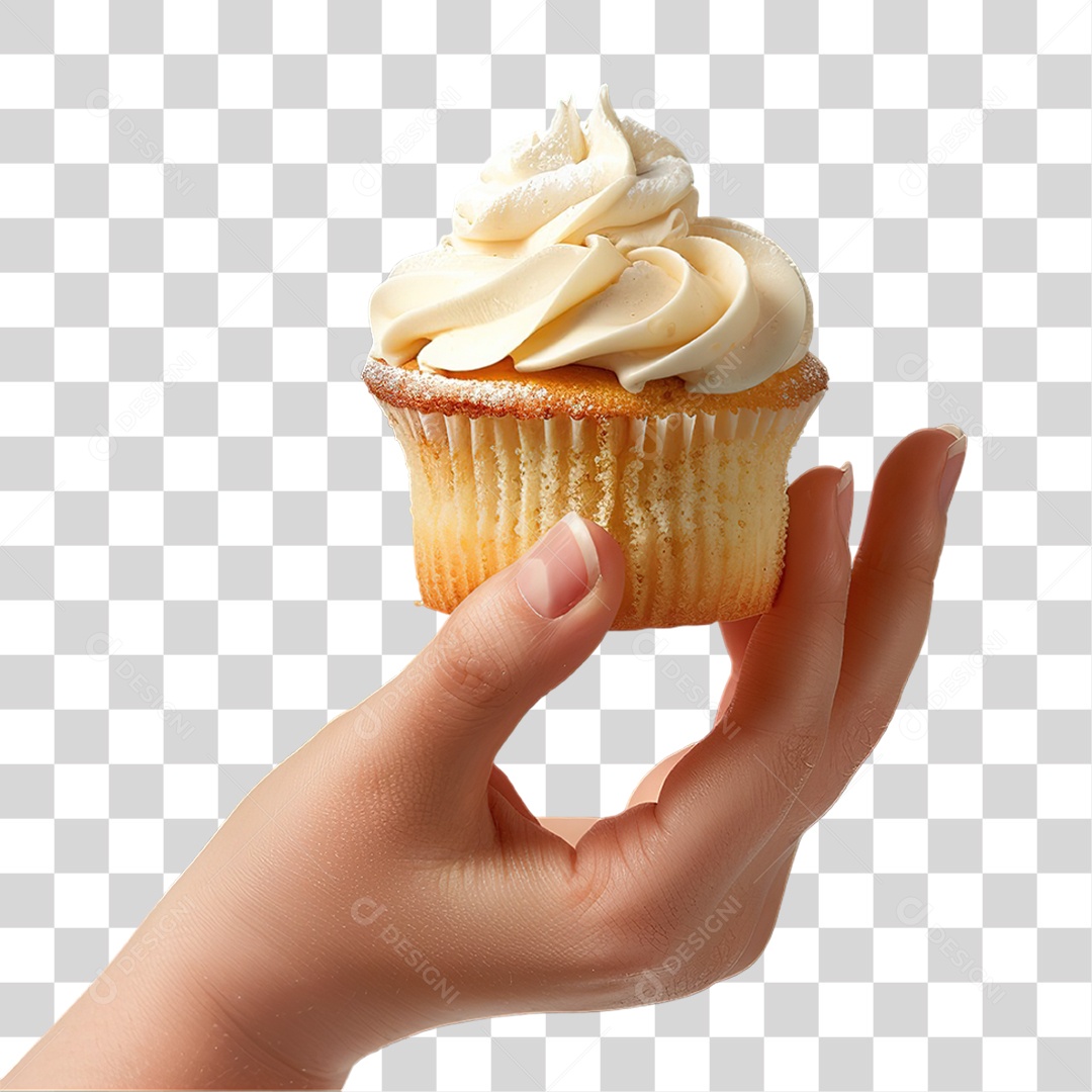 Cupcake com Cobertura Segurado na Mão em Estilo Realista Formato PNG Transparente
