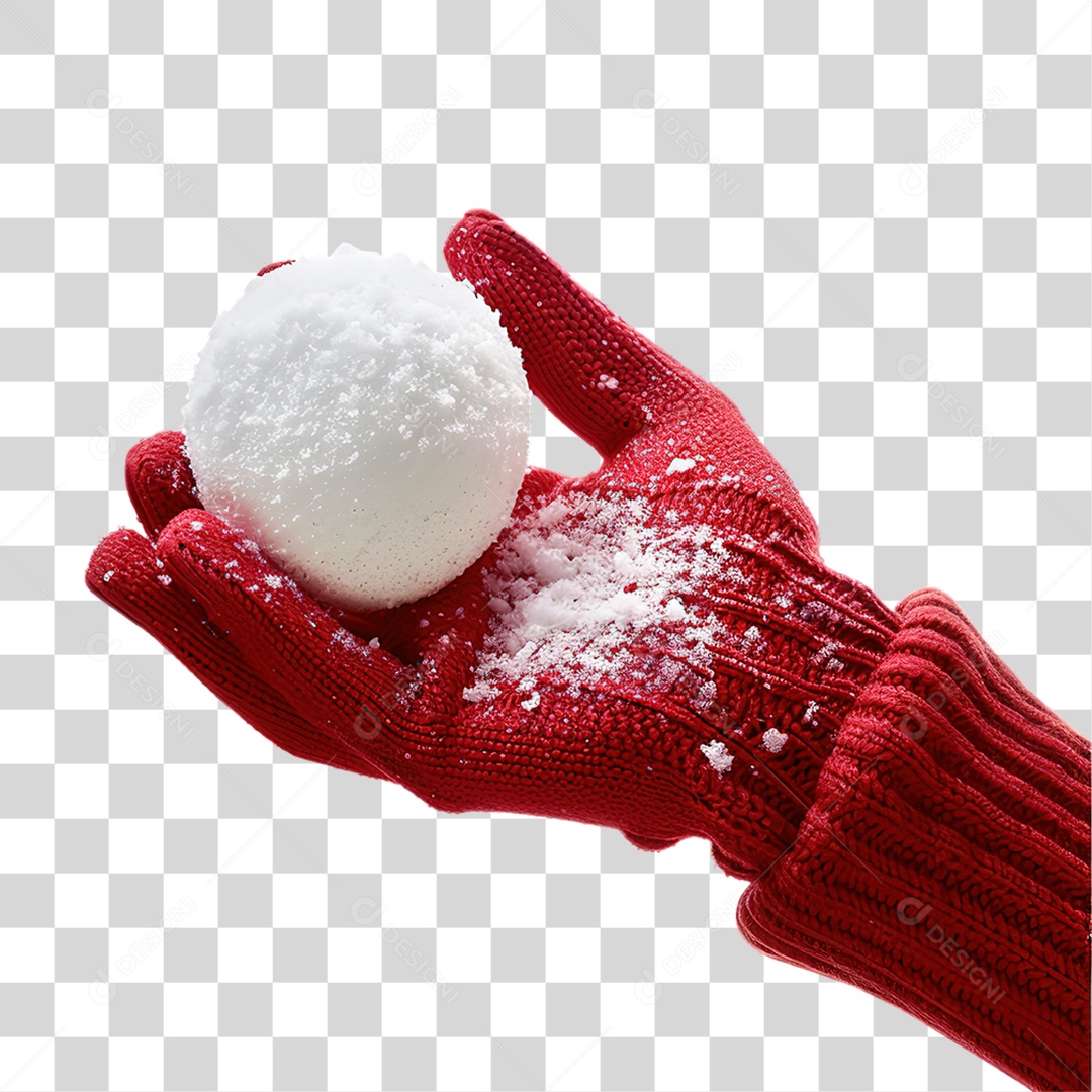 Mão Vermelha Segurando Bola de Neve em Estilo Realista Formato PNG Transparente