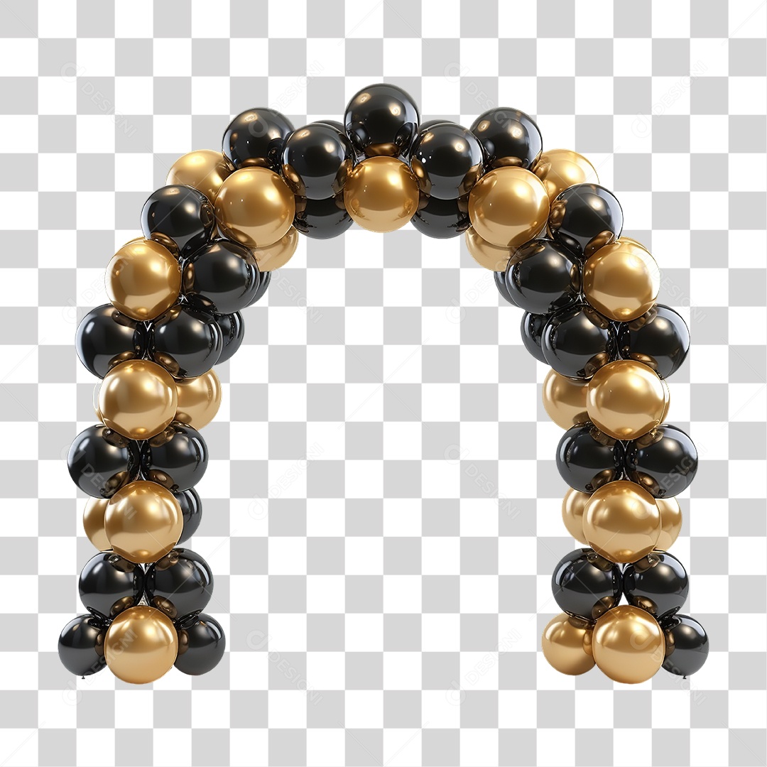 Arco Decorativo de Balões Preto e Dourado em Estilo Realista Formato PNG Transparente