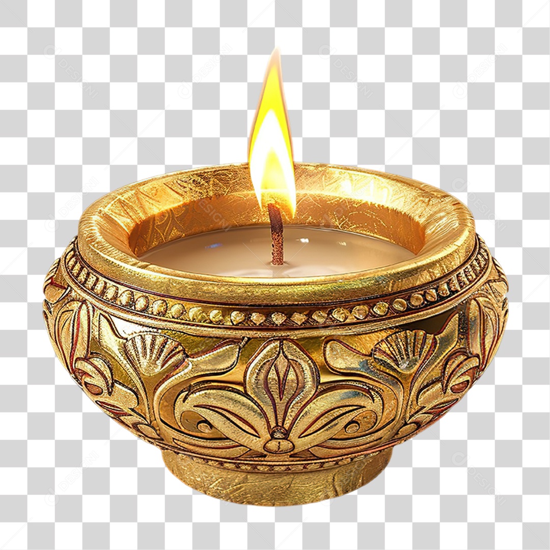 Tigela Dourada Decorada com Vela Acesa em Estilo Realista Formato PNG Transparente