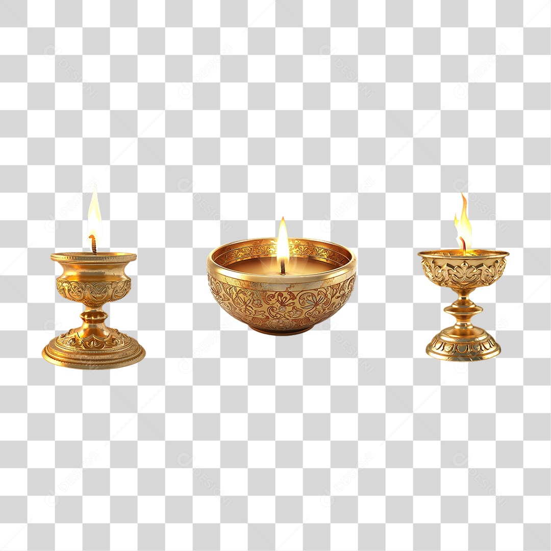 Conjunto de Castiçais Dourados Decorativos em Estilo Realista Formato PNG Transparente