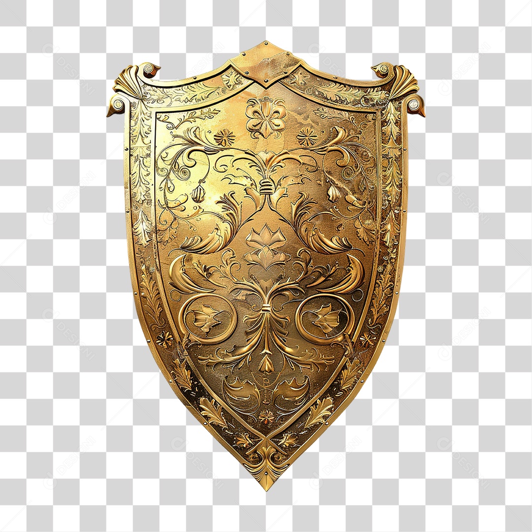 Escudo Dourado Decorado em Estilo Realista com Detalhes Formato PNG Transparente