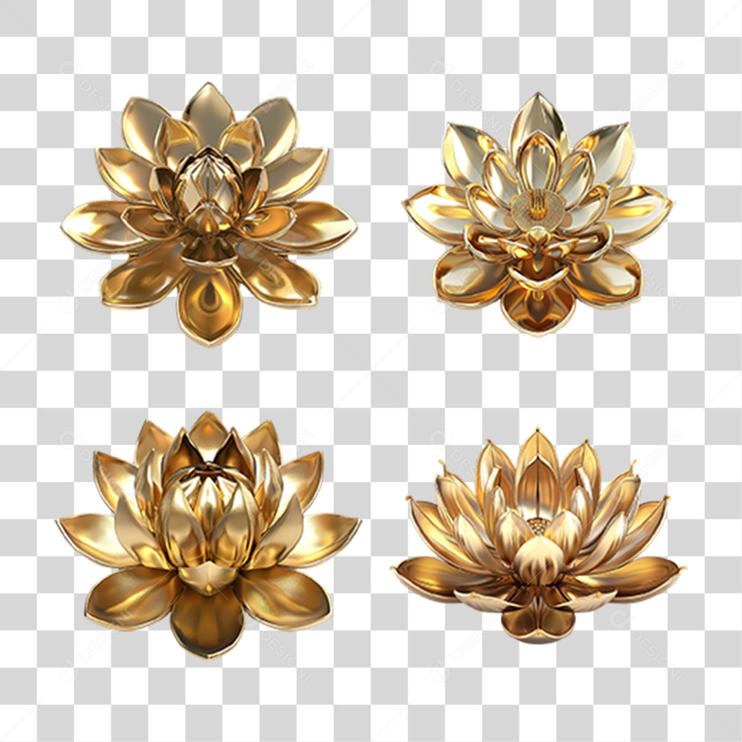 Flor Dourada em Estilo Realista com Haste Verde Formato PNG Transparente