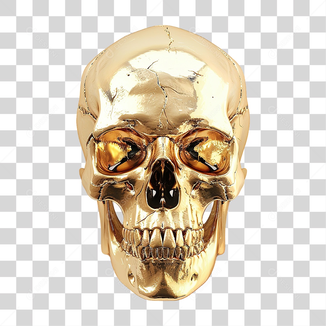 Caveira Dourada Decorada em Estilo Realista com Detalhes Ornamentais Formato PNG Transparente