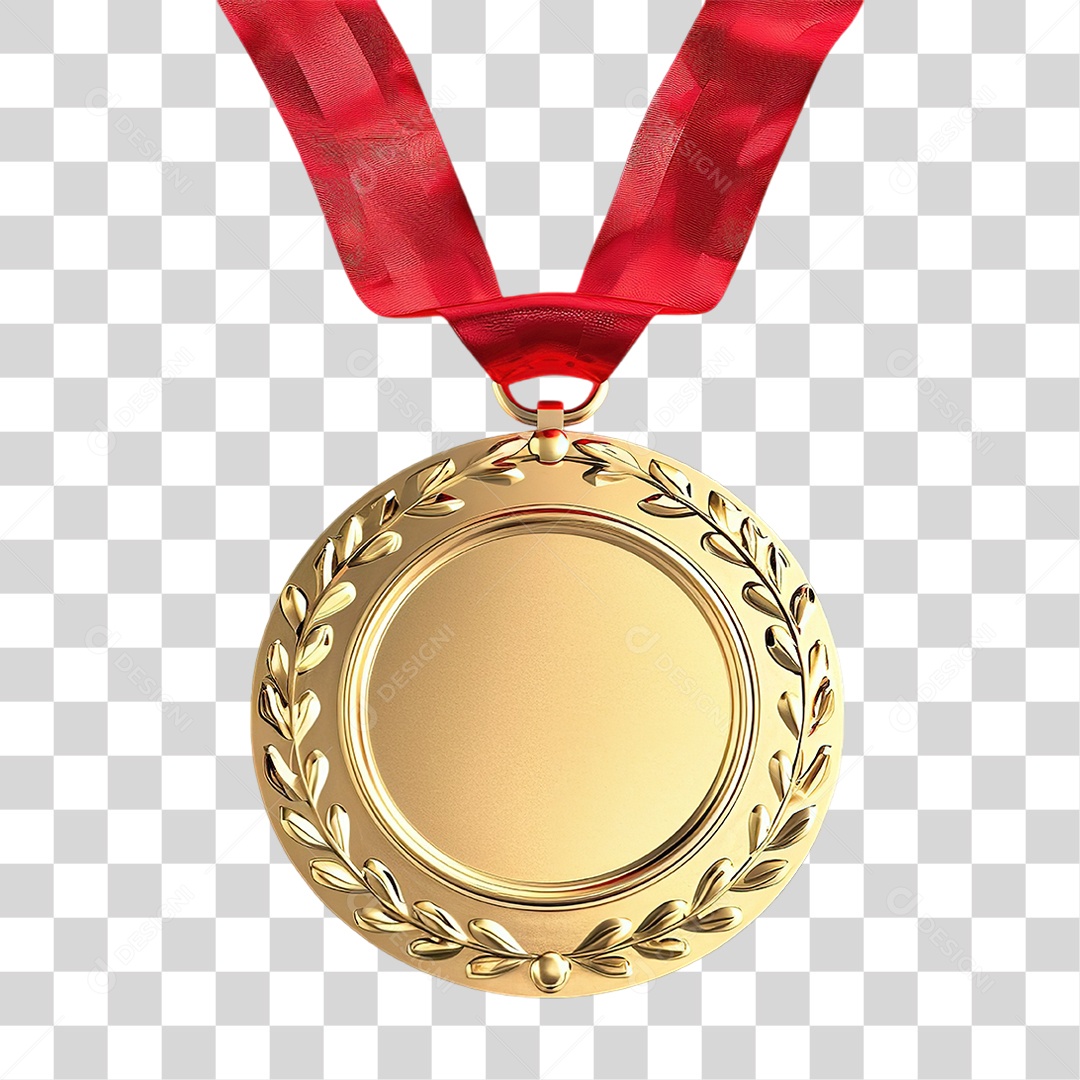 Medalha Dourada Decorada em Estilo Realista com Laço Vermelho Formato PNG Transparente