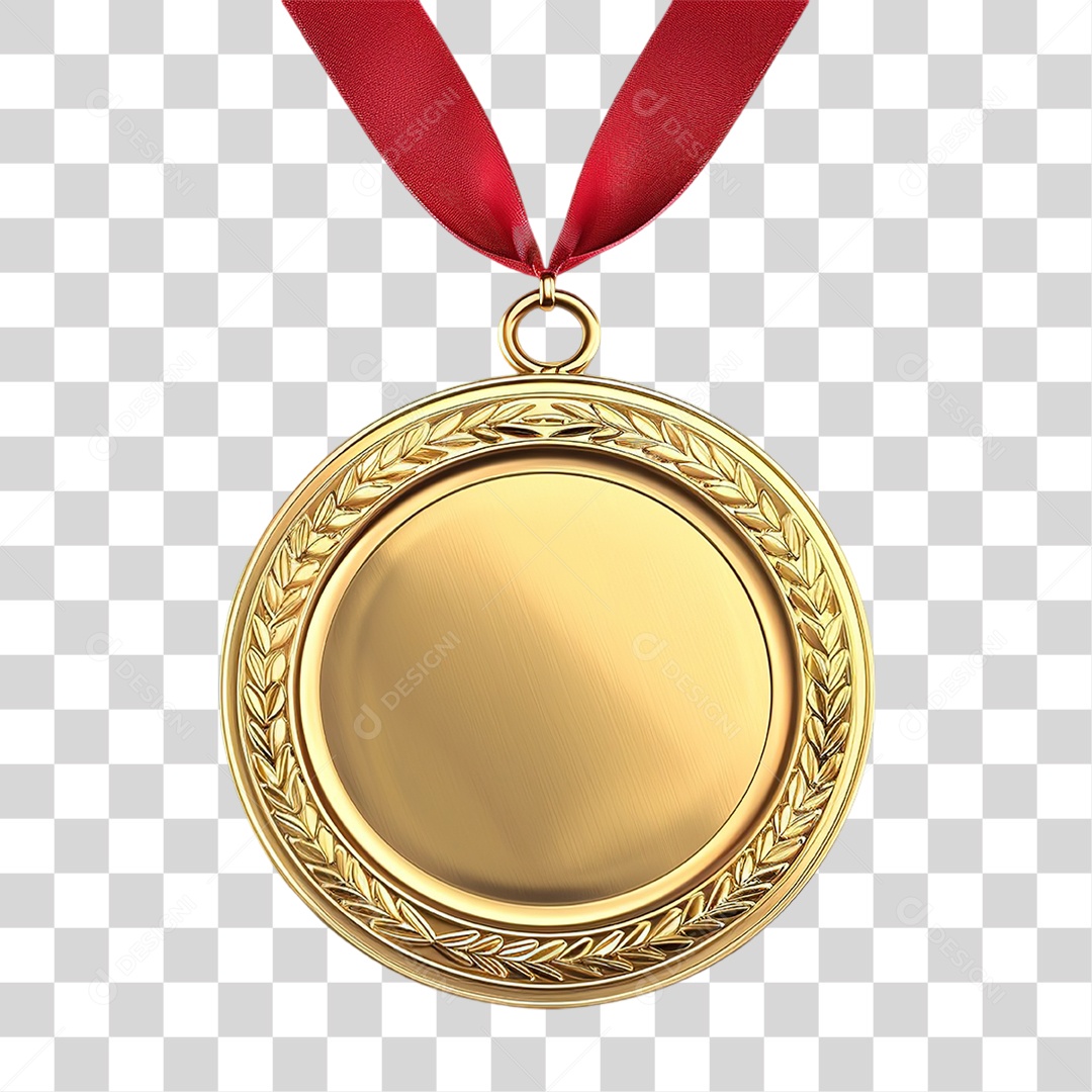Medalha Dourada Lisa em Estilo Realista no Laço Vermelho Formato PNG Transparente