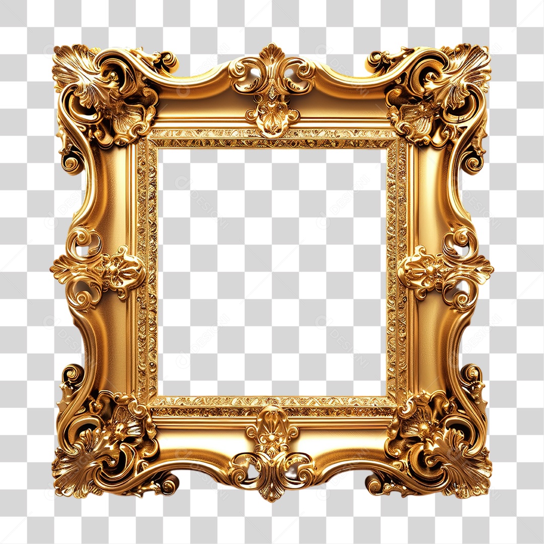 Moldura Dourada em Estilo Realista Ornamentada Formato PNG Transparente