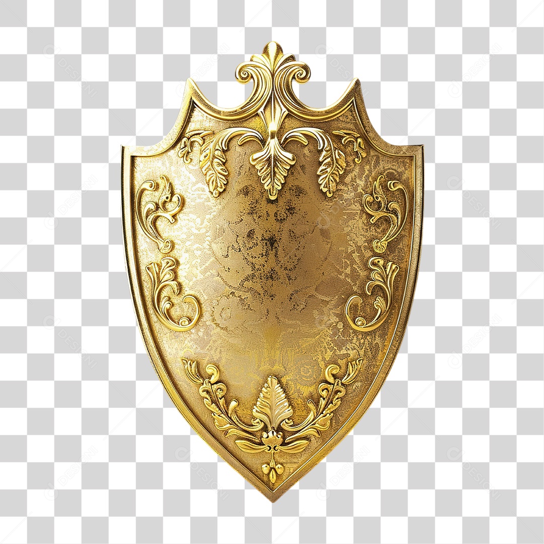 Escudo Dourado Decorativo em Estilo Realista Trabalhado Formato PNG Transparente