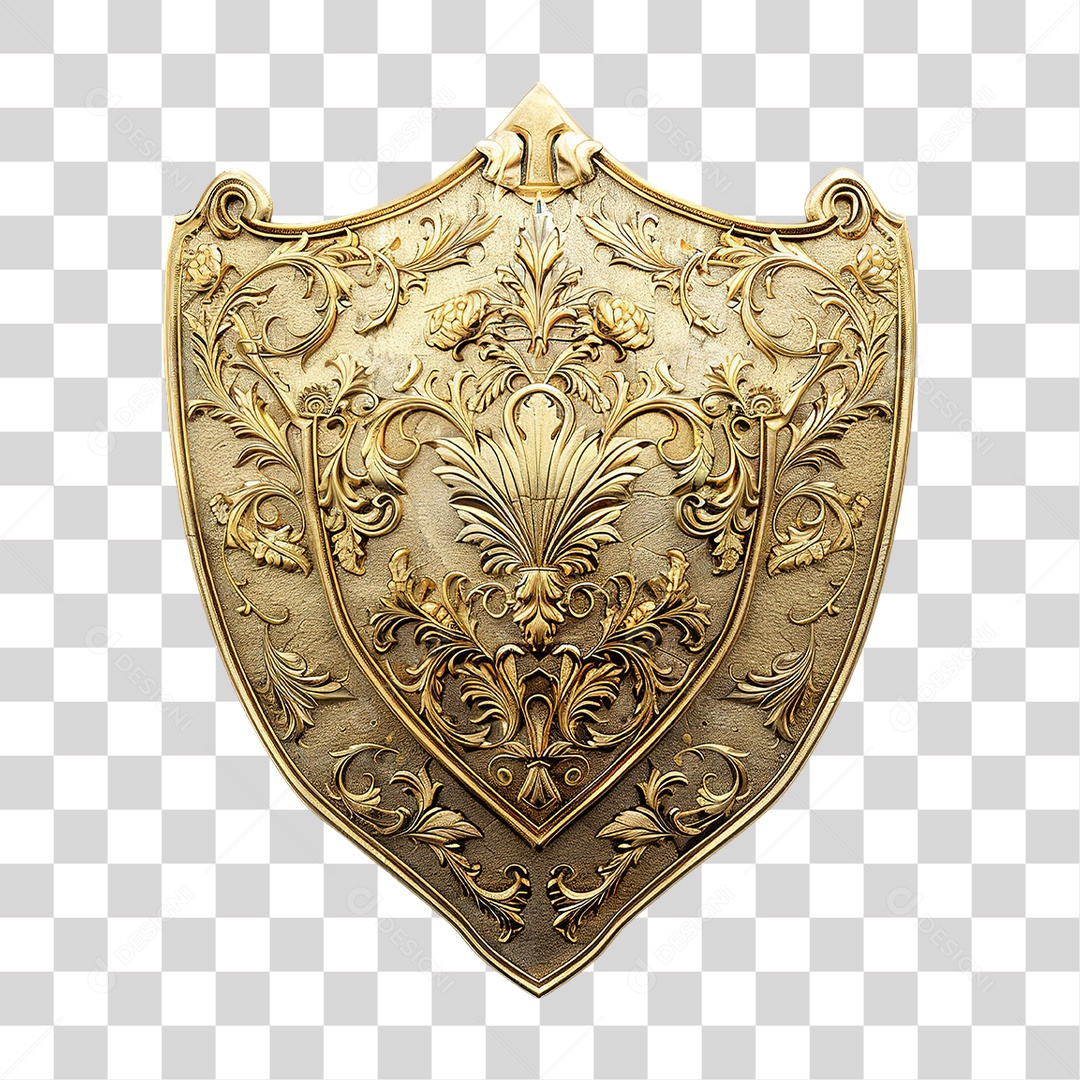 Escudo Dourado Ornamental em Estilo Realista com Detalhes Formato PNG Transparente