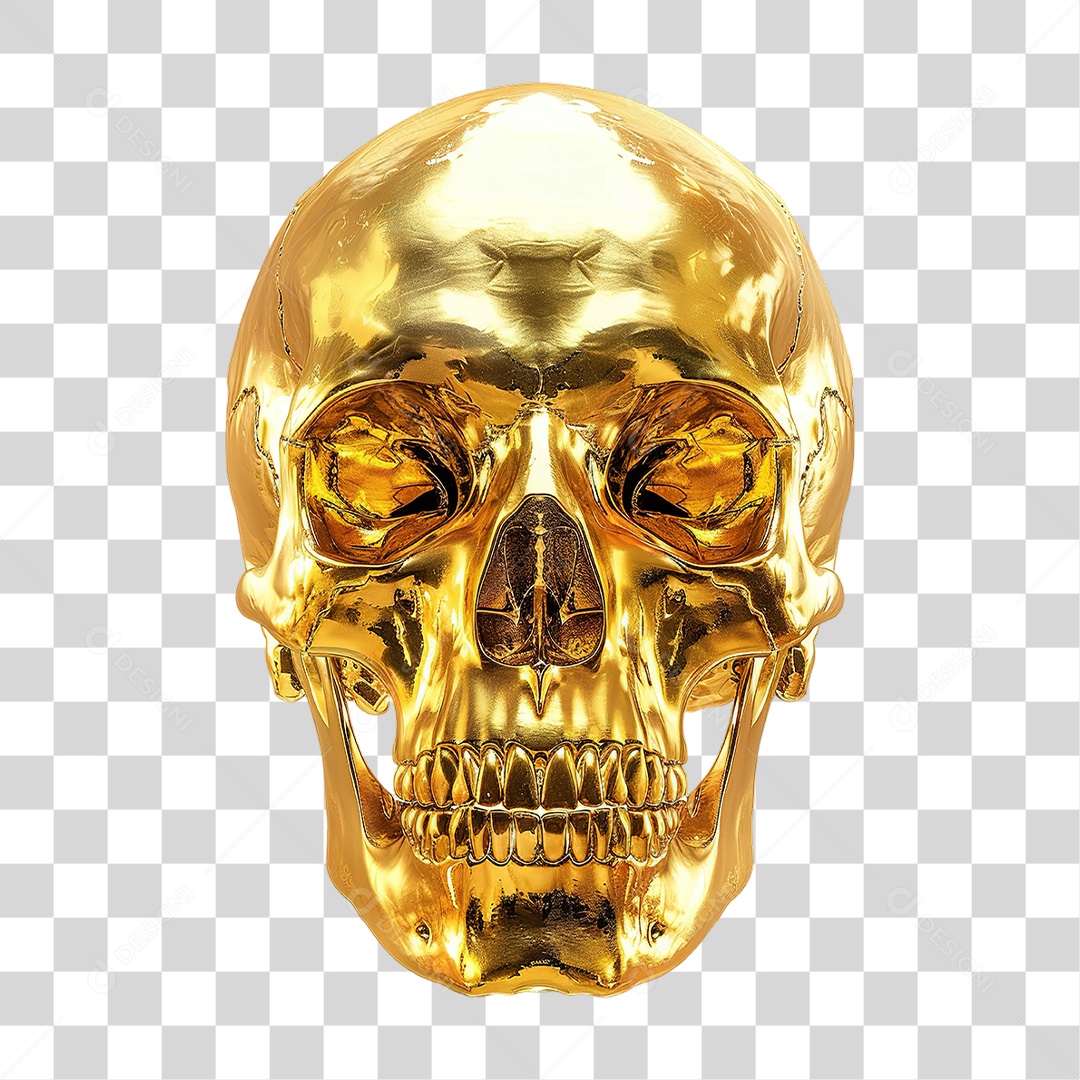 Caveira Dourada em Estilo Realista Decorativa Formato PNG Transparente