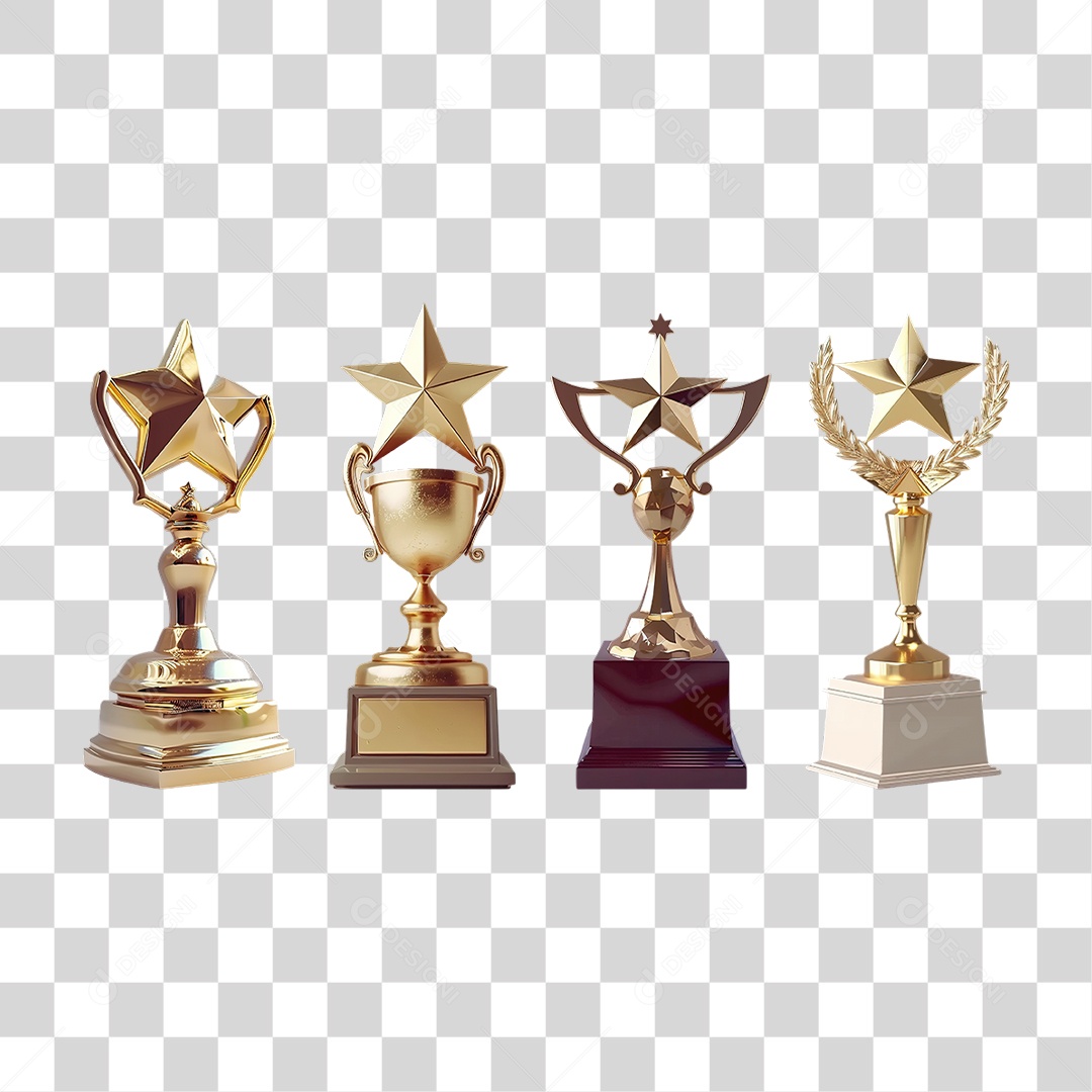 Conjunto de Troféus Dourados em Estilo Realista Formato PNG Transparente