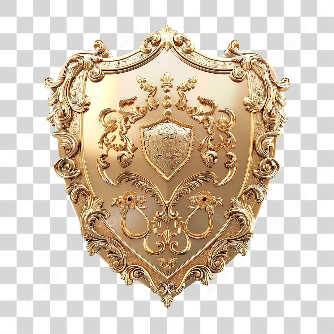 Escudo Decorativo Dourado com Detalhes Ornamentais Formato PNG Transparente