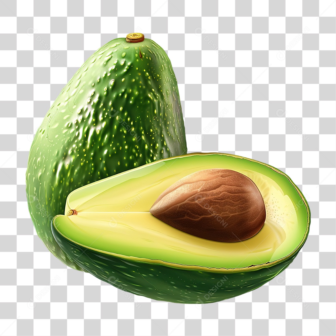 Abacate Inteiro e Cortado ao Meio em Estilo Realista Fruta Formato PNG Transparente