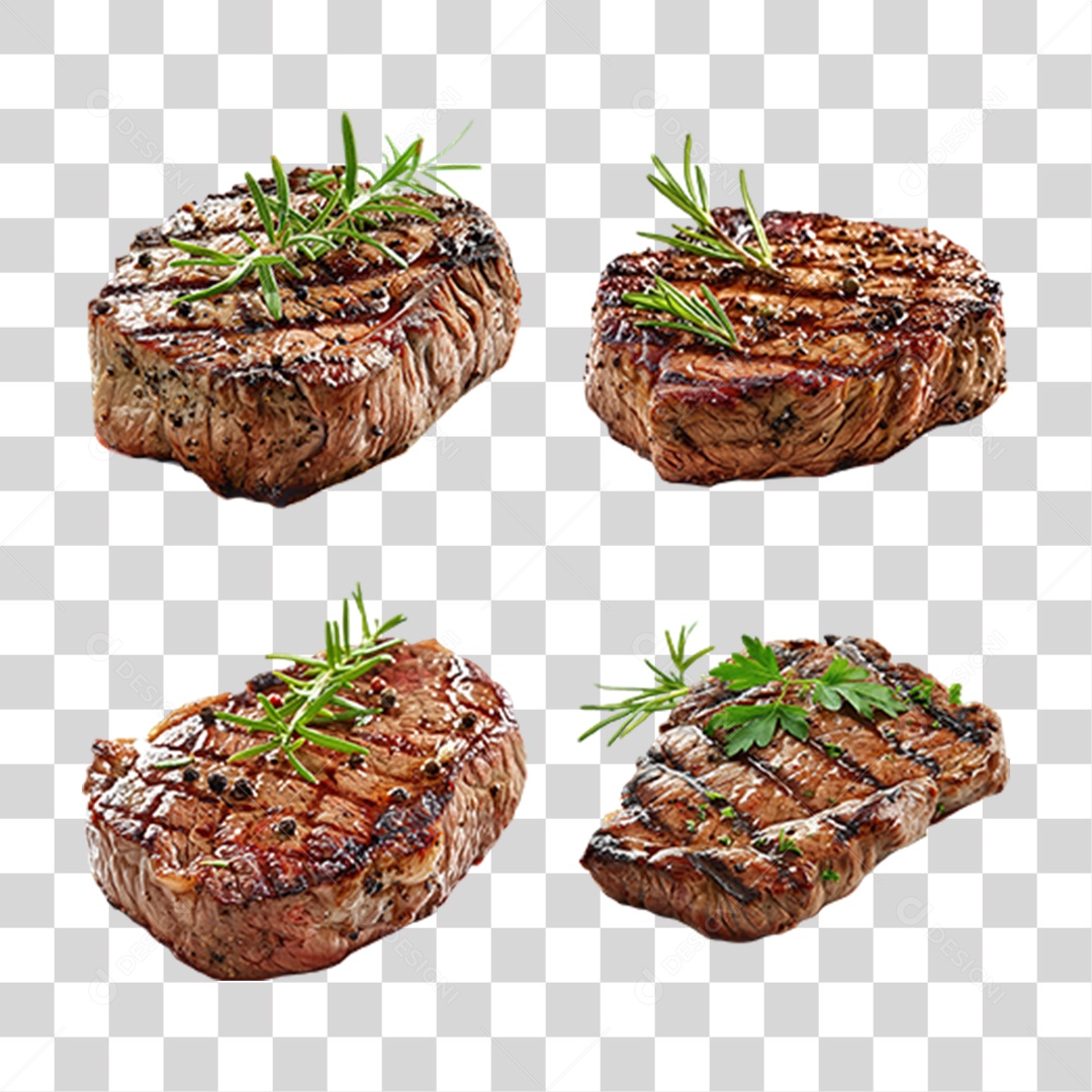 Conjunto de Bifes Grelhados com Ervas em Estilo Realista Formato PNG Transparente