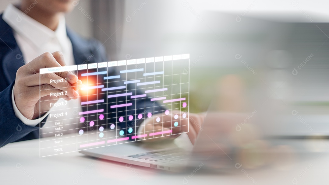 O gerente de projeto trabalha e atualiza tarefas com marcos e planejamento de progresso Empresário desenha gráfico de Gantt agendando diagrama virtual conceito de gerenciamento de projeto