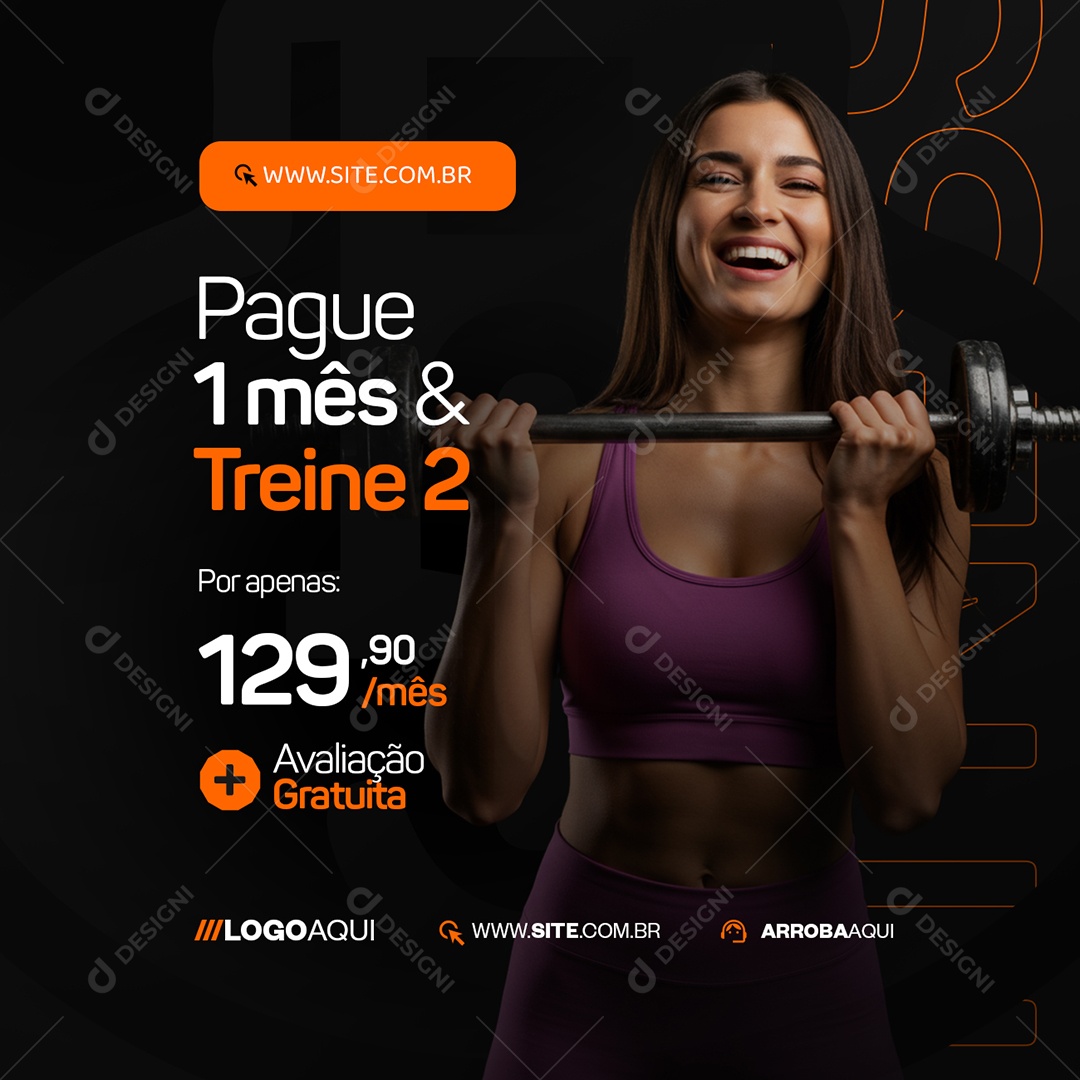 Academia Pague Um Mês Treine Dois Social Media PSD Editável