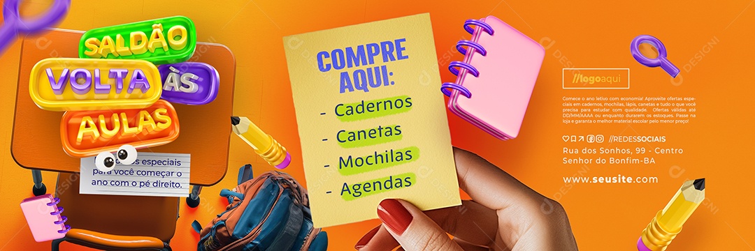 Carrossel Volta às Aulas Papelaria Cadernos Canetas Mochilas Agendas Social Media PSD Editável