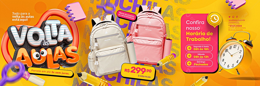 Carrossel Volta às Aulas Papelaria Mochilas Confira Nosso Horário de Trabalho Social Media PSD Editável