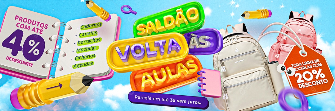 Carrossel Saldão Volta às Aulas Papelaria Produtos Com Até 40% De Desconto Social Media PSD Editável
