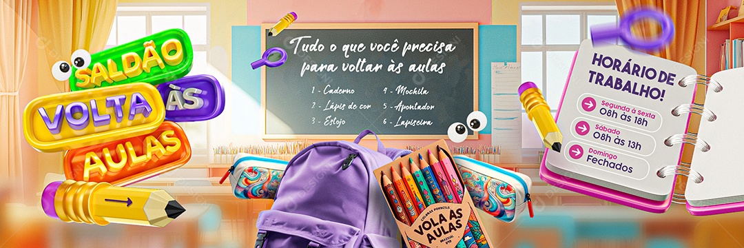 Carrossel Saldão Volta às Aulas Papelaria Horário De Trabalho Social Media PSD Editável