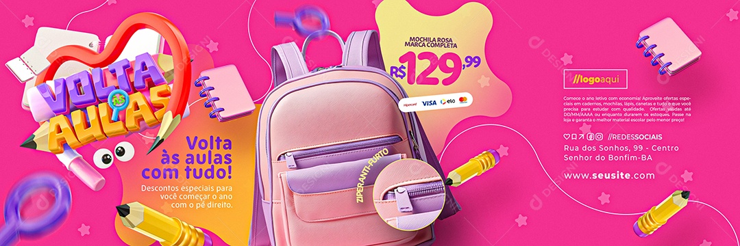 Carrossel Volta às Aulas Papelaria Mochila Rosa Social Media PSD Editável