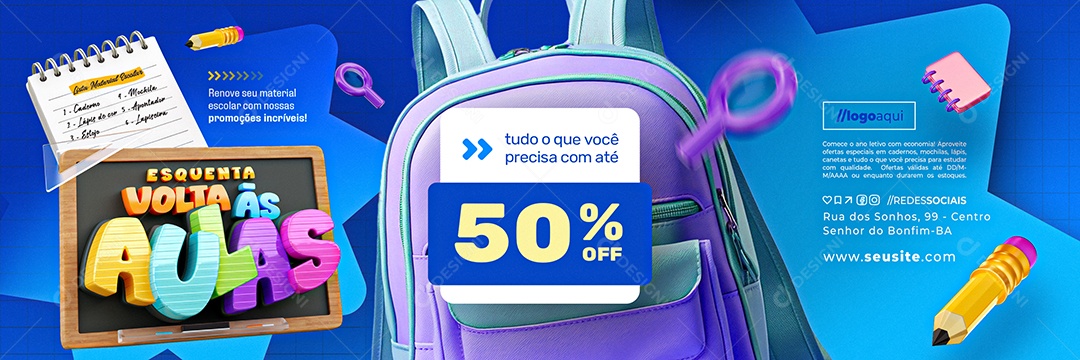 Carrossel Esquenta Volta às Aulas Papelaria 50% Off Social Media PSD Editável