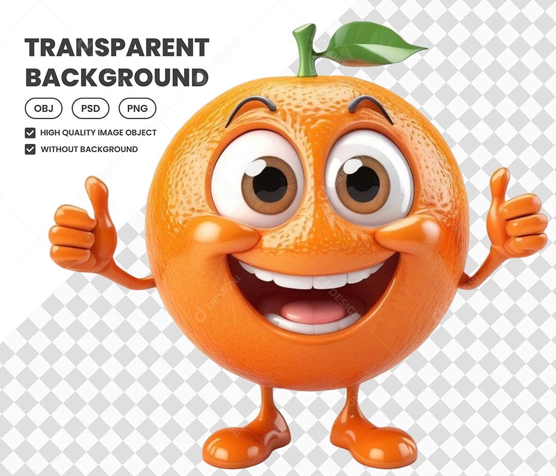 Elemento Laranja Fruta Sorrindo 3D para Composição PSD