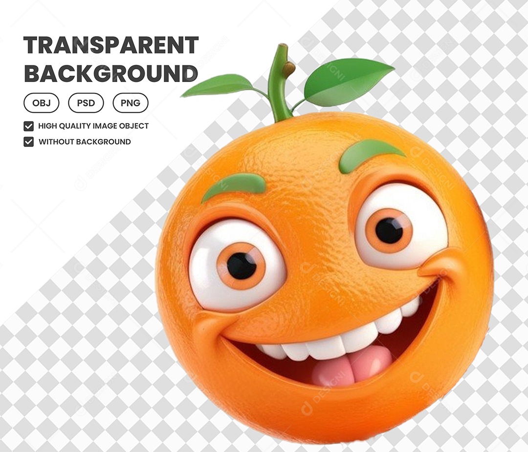 Elemento Laranja Fruta Sorrindo 3D para Composição PSD