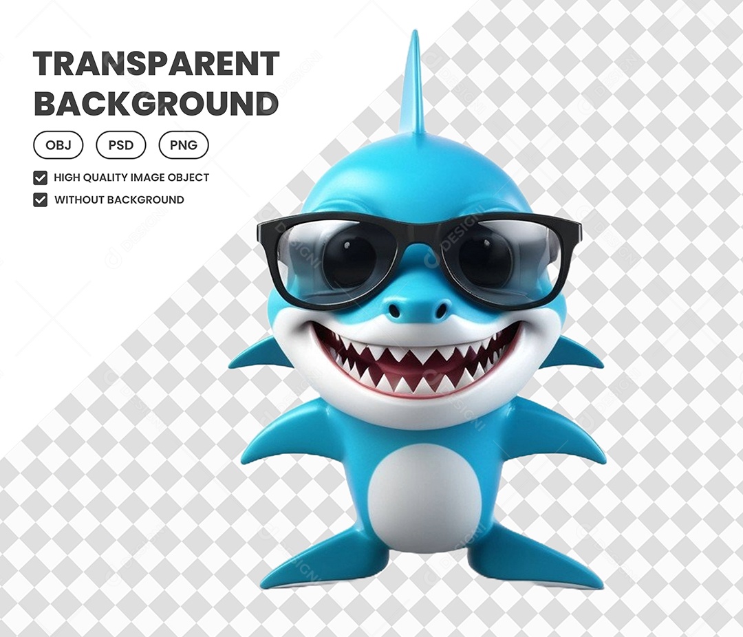 Elemento Tubarão Azul com Oculos 3D para Composição PSD