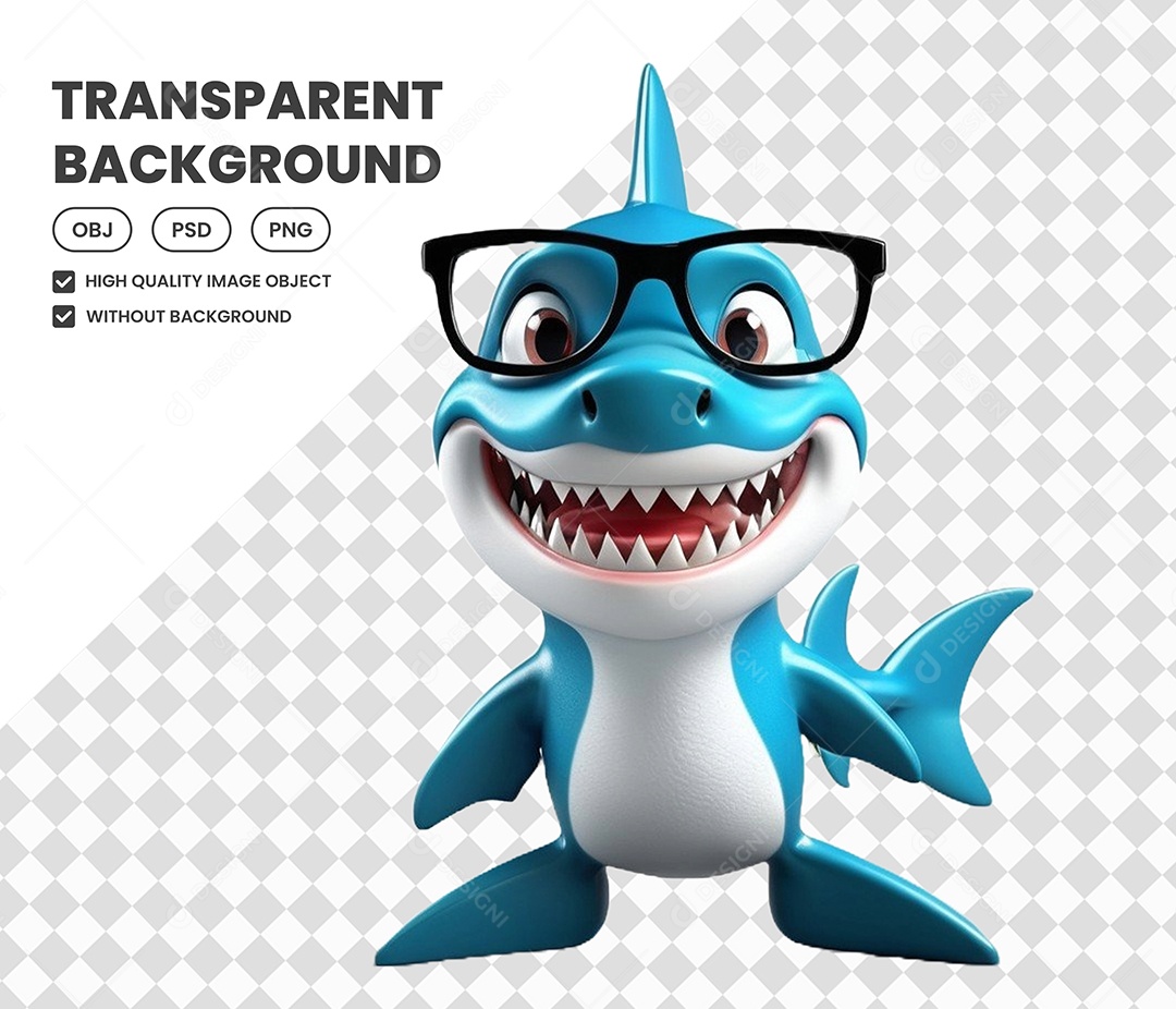 Elemento Tubarão Azul com Oculos 3D para Composição PSD