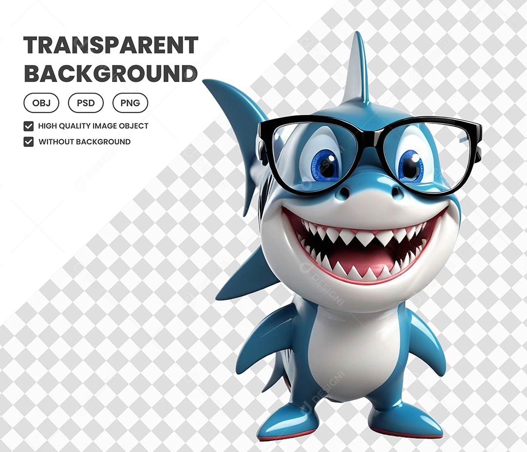 Elemento Tubarão Azul com Oculos 3D para Composição PSD