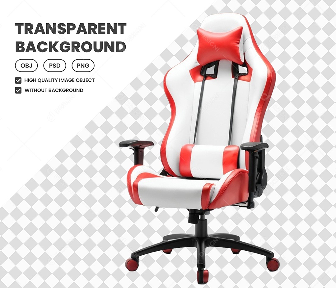 Elemento cadeira Gamer Branco Preto e Vermelho 3D para Composição PSD