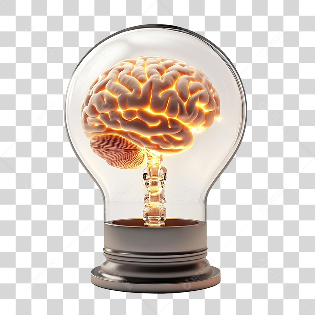 Elemento 3D Lâmpada com Imagem de um Cérebro Dentro PNG Transparente