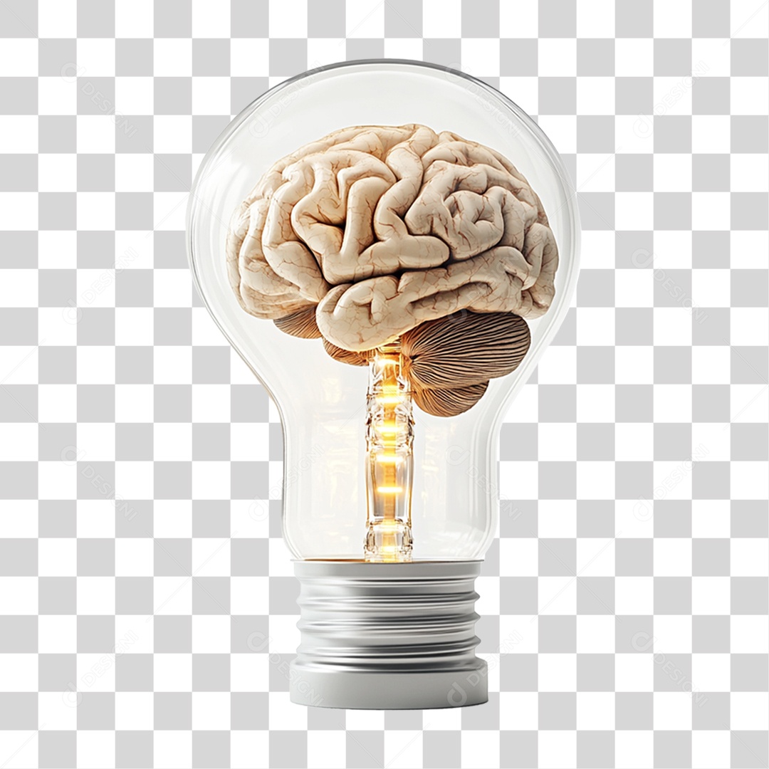 Elemento 3D Lâmpada com Imagem de um Cérebro Dentro PNG Transparente