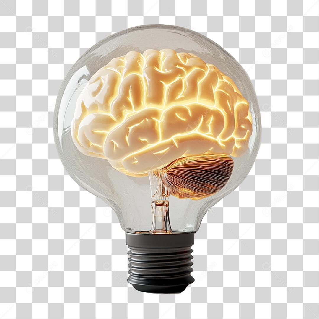 Elemento 3D Lâmpada com Imagem de um Cérebro Dentro PNG Transparente