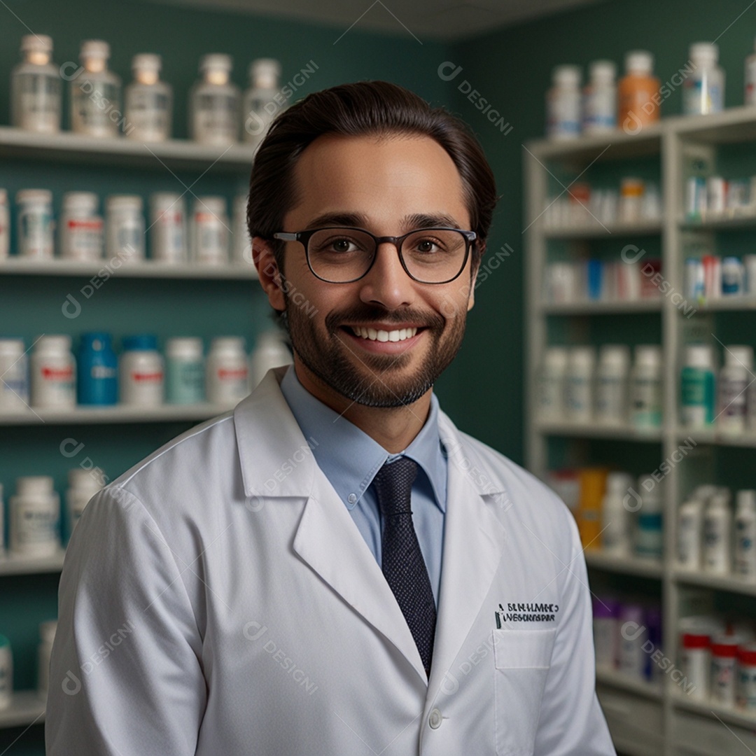 Um farmacêutico sorrindo olhando para o cliente