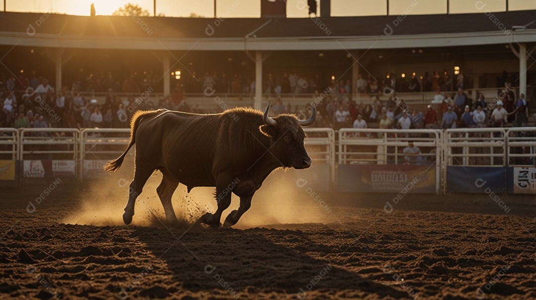 Um touro bravo no meio de uma arena