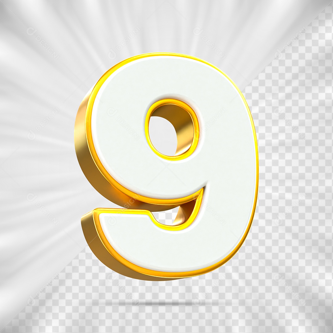 Elemento 3D Número 9 Branco e Dourado para Composição PSD
