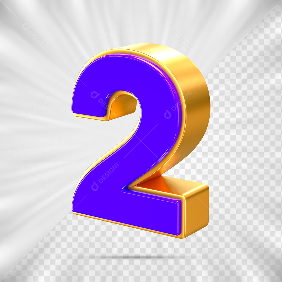 Elemento 3D Número 2 Azul e Dourado para Composição PSD