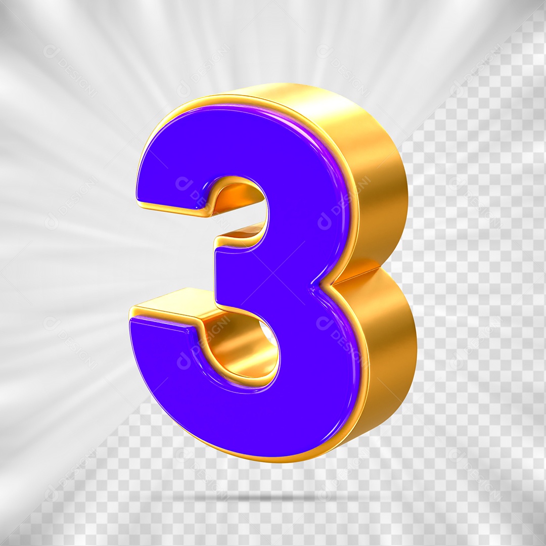 Elemento 3D Número 3 Azul e Dourado para Composição PSD