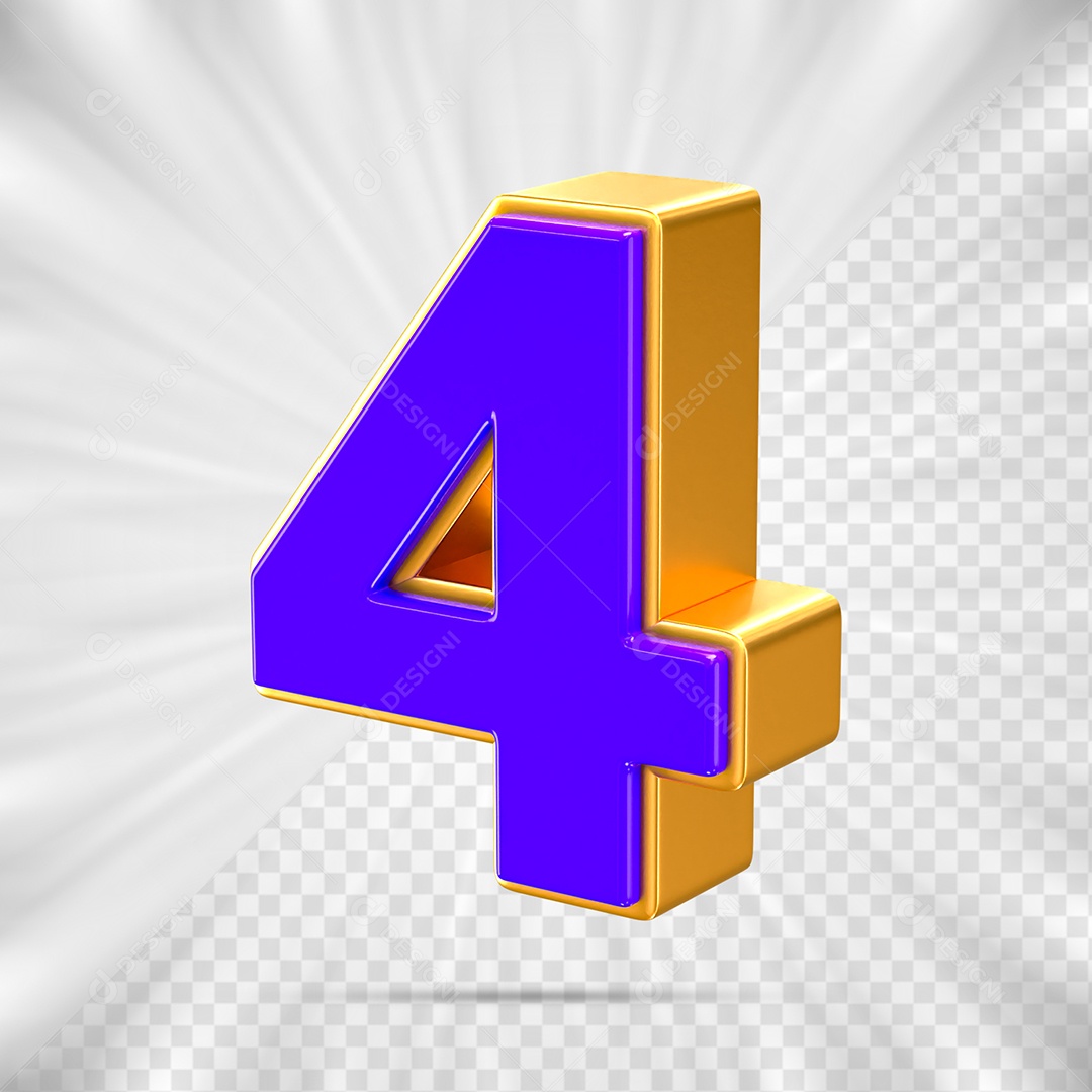 Elemento 3D Número 4 Azul e Dourado para Composição PSD